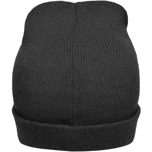 A dark grey knitted beanie with a folded brim, featuring a subtle branding logo.