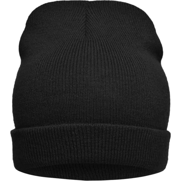 A black knitted beanie featuring a folded cuff and a textured knit pattern. It has a logo on one side.