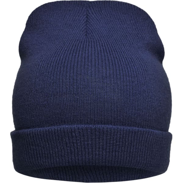 A navy knitted beanie with a folded cuff, featuring a logo on the side.