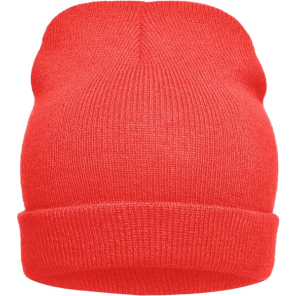 A bright red knitted beanie with a folded cuff and a smooth finish. It features a logo on the side.