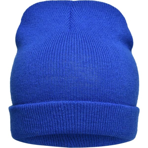 A blue knitted beanie featuring a folded cuff and a seamless design, with a logo on the side.