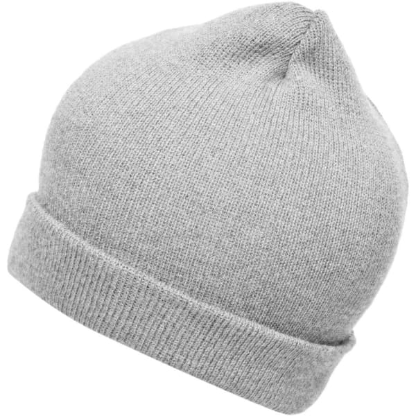 A grey knitted beanie with a cuffed hem and a pointed top, featuring a logo.