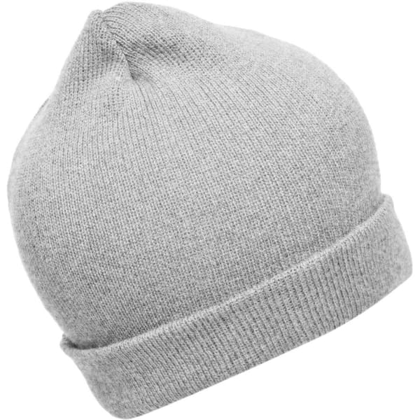 A grey knitted beanie with a folded cuff, featuring a subtle logo on the side.