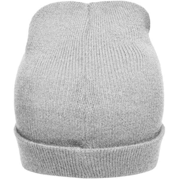 A grey knitted beanie with a folded brim and a smooth texture, featuring branding on the interior.