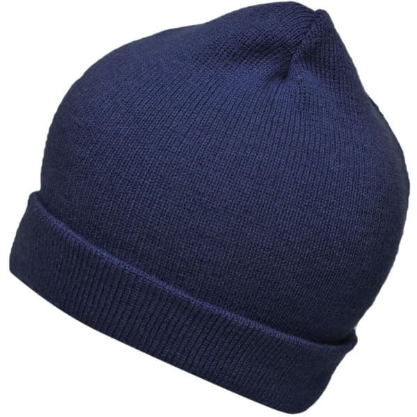 A dark navy knitted beanie with a folded cuff and a smooth texture. It features a branding logo.