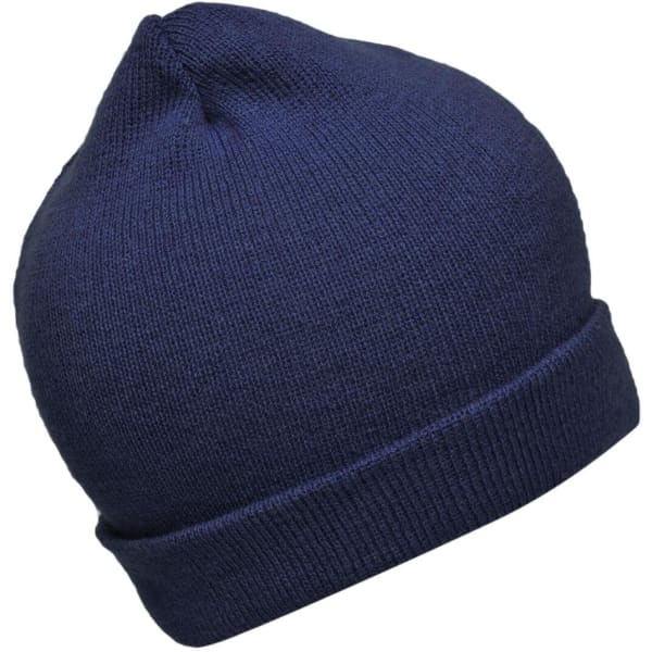 A knitted beanie in dark navy blue featuring a folded edge and a seamless top. It has a branding logo.