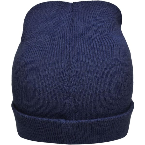 A knitted beanie in navy blue, featuring a ribbed design and a turned-up brim, with a logo present.