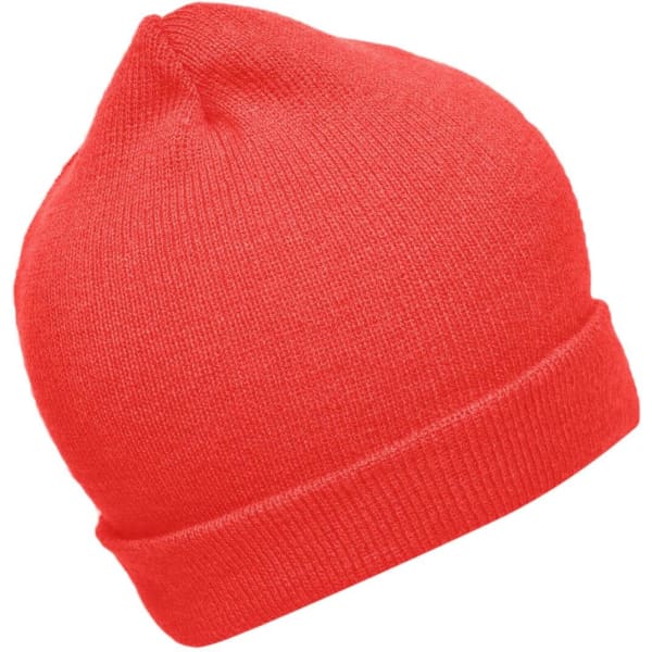 A red knitted beanie with a rolled cuff, featuring a logo on the side.