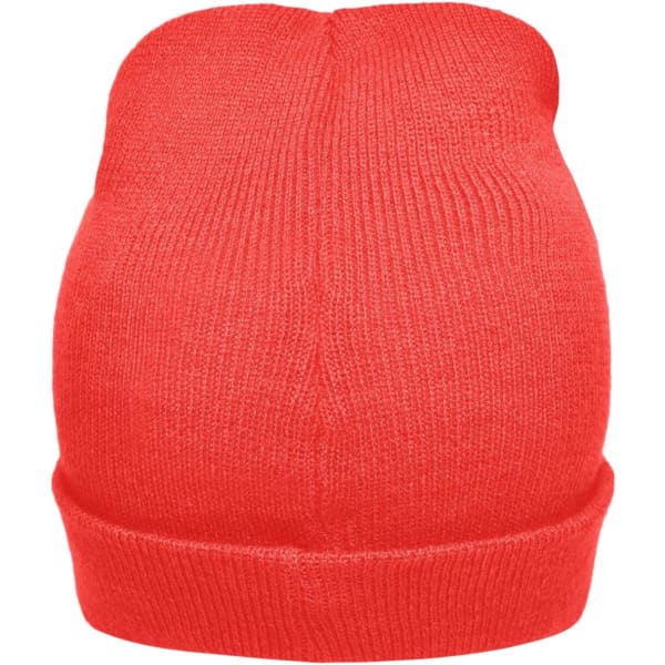 A red knitted beanie with a cuffed edge, featuring a branding logo on the side.