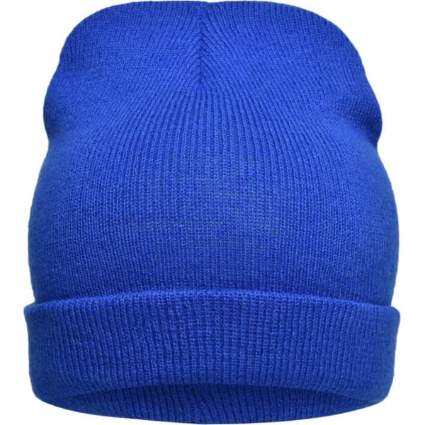 A knitted beanie in vibrant blue with a folded cuff and a smooth, textured finish. It features a logo.