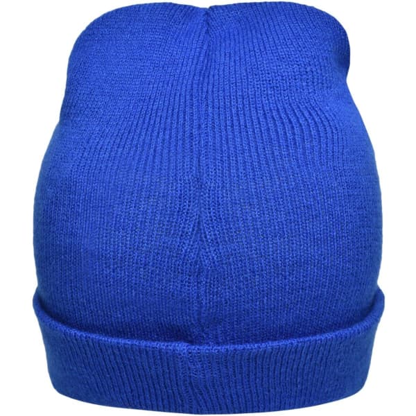 A blue knitted beanie featuring a ribbed design and a folded cuff, with a logo on the front.