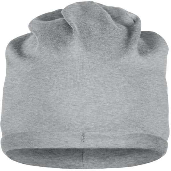 A grey beanie made from bio cotton, featuring a soft, textured design with a logo.
