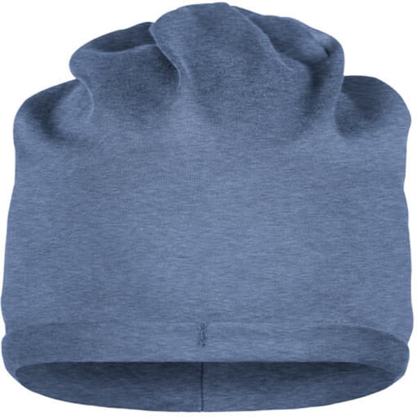 A blue beanie made from bio cotton, featuring a soft, relaxed fit and a subtle logo.