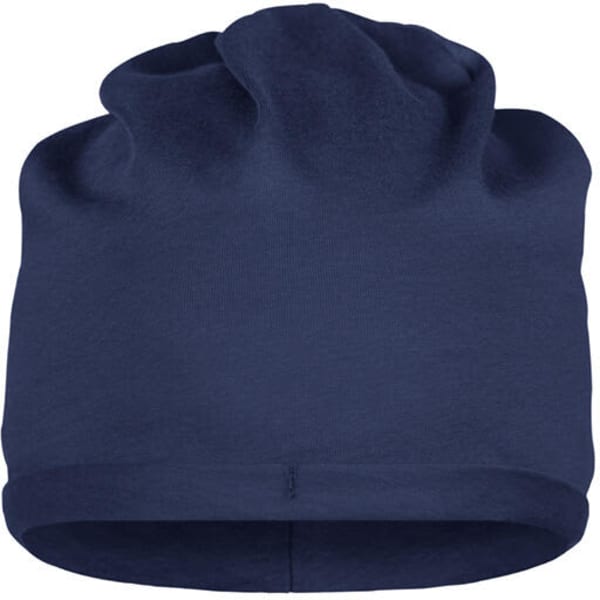 A navy blue Bio Cotton beanie with a soft, stretchy texture and a simple design. It features branding.