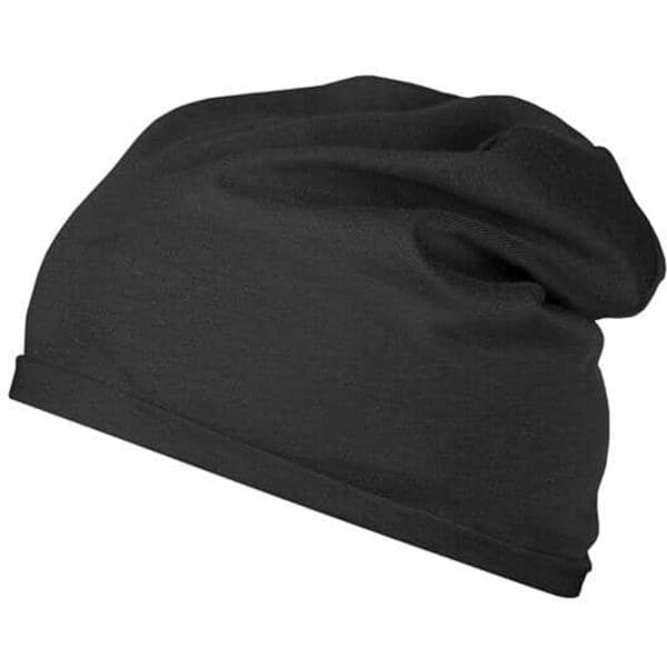 A black beanie with a soft, slouchy design and a simple, unadorned appearance. It has a logo present.