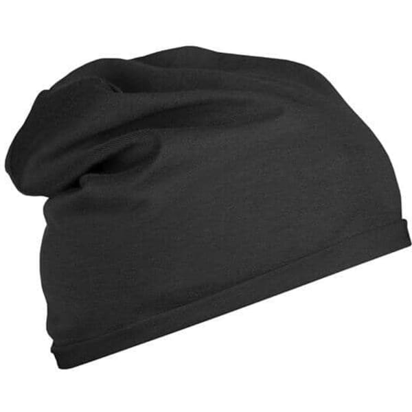 A black beanie made from bio cotton, featuring a soft, slouchy design and an elasticated band.