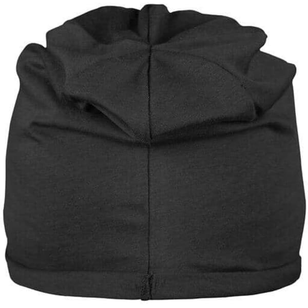 A black bio cotton beanie with a gathered design at the top and a smooth finish. Features a logo.