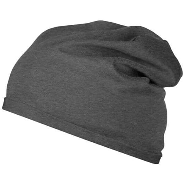 A black beanie made from bio cotton, featuring a slouchy design and a small logo.