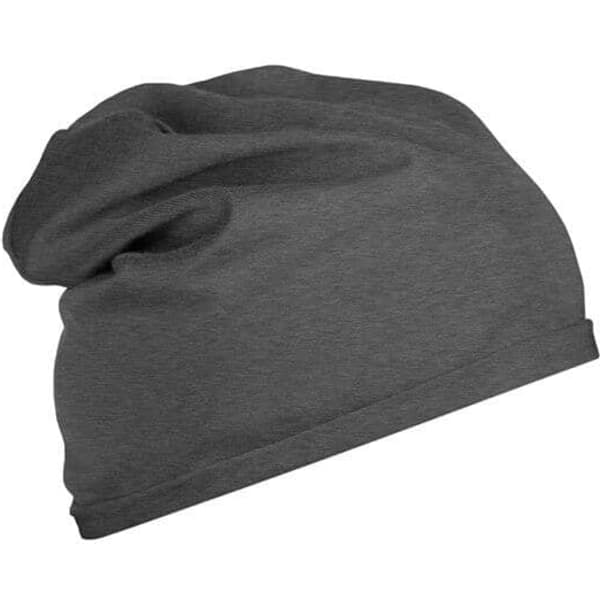 A grey beanie with a soft, slouchy design, featuring a simple branding logo.