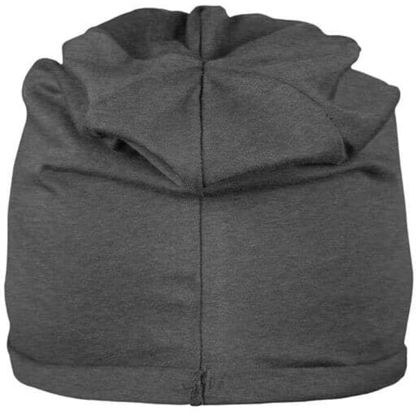 A dark grey beanie with a unique gathered design at the top, featuring a logo.