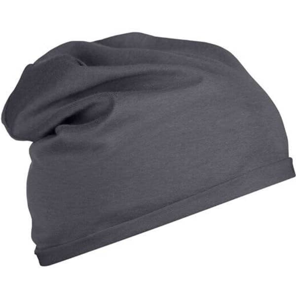 A grey Bio Cotton beanie with a relaxed, slouchy design and a simple branding logo.