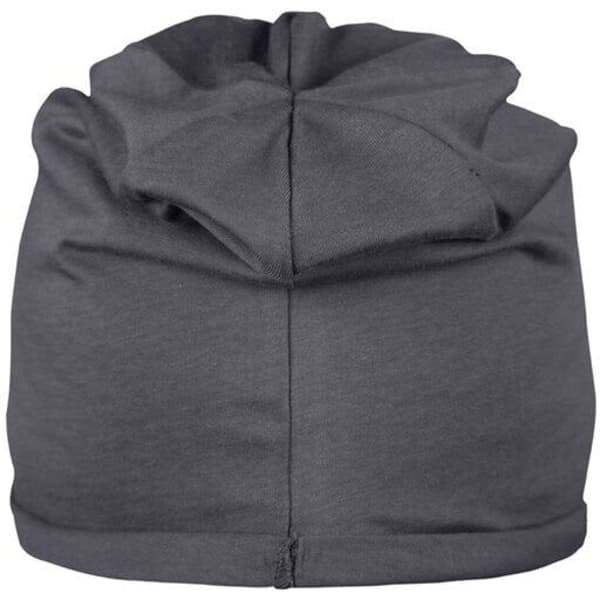 A grey Bio Cotton beanie with a unique design featuring folds at the top. It has a logo on it.