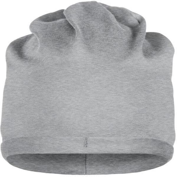 A grey Bio Cotton beanie with a soft, folded hem and a casual, relaxed fit. It features a branding logo.