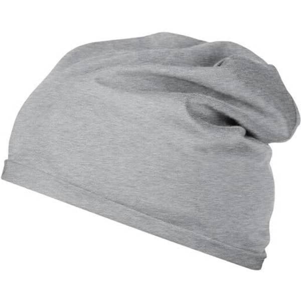 A grey Bio Cotton beanie with a slouchy design, featuring a logo on the side.