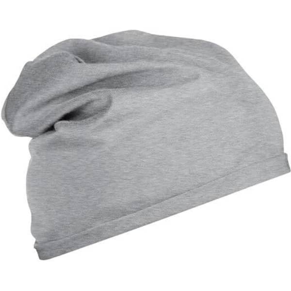 A grey Bio Cotton beanie with a slouchy design, featuring a simple logo.