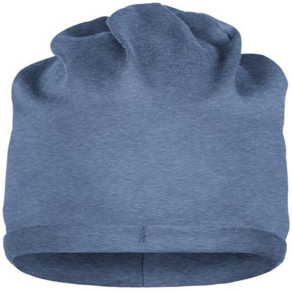 A blue bio cotton beanie with a soft, textured appearance and a snug fit. Features a logo on the fabric.