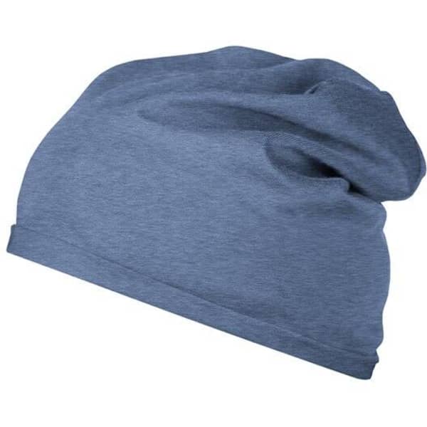 A blue beanie made from bio cotton, featuring a soft, slouchy design and a simple logo.