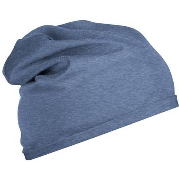 A blue beanie made from bio cotton, featuring a soft, slouchy design and a simple logo.