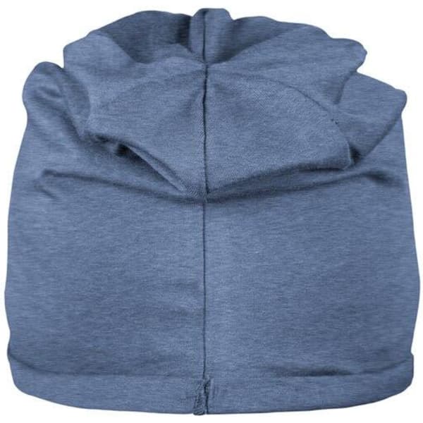 A blue beanie with a soft fabric texture and a unique fold detail at the top. It features a small logo.