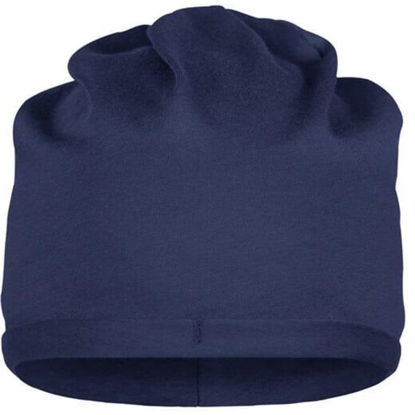 A navy blue bio cotton beanie featuring a simple and comfortable design, with a logo on the side.