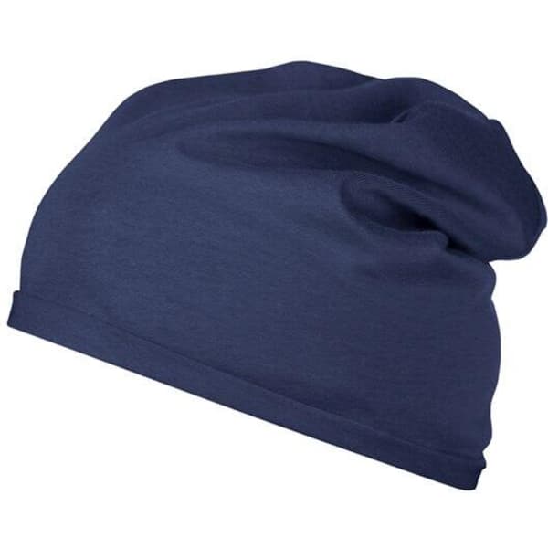 A navy blue bio cotton beanie with a slouchy design and soft fabric texture. It has a branding logo.