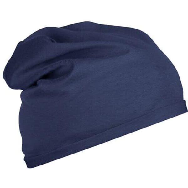 A navy blue beanie made from bio cotton, featuring a soft, slouchy design and a logo.