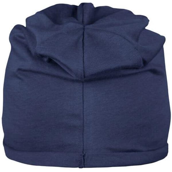 A navy blue bio cotton beanie with a gathered top and a seam at the back. It features a logo.