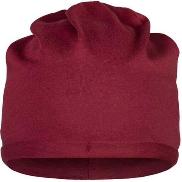 A burgundy beanie made from bio cotton, featuring a plain design and a logo.