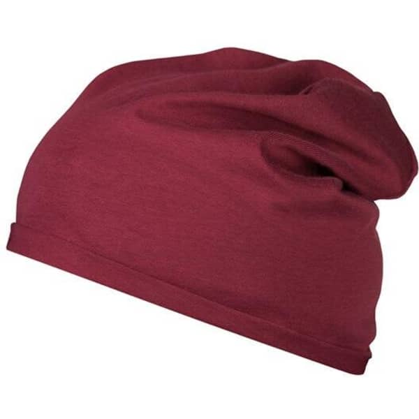 A burgundy beanie made from bio cotton, featuring a soft and slouchy design. It has a logo on it.