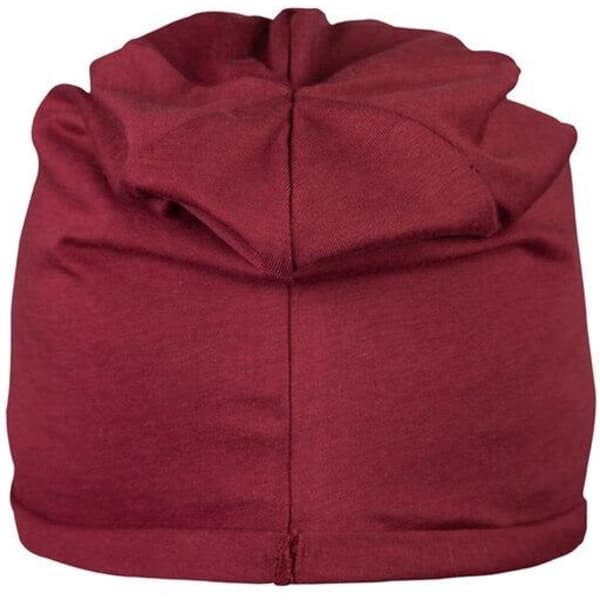 A burgundy Bio Cotton Beanie with a gathered design at the top and a simple logo.
