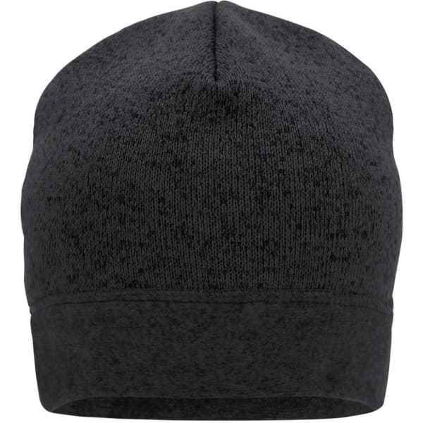 A knitted fleece workwear beanie in a dark grey colour, featuring a simple design and a logo.