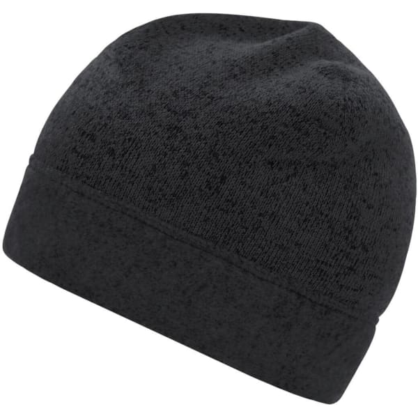 A black knitted fleece beanie with a folded cuff and a textured finish. It features branding.