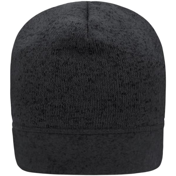 A black knitted fleece beanie with a textured pattern and a rolled cuff, featuring a logo.