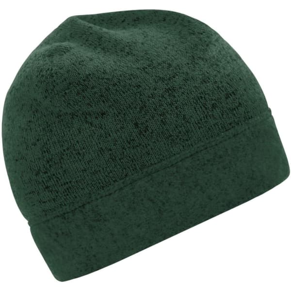 A knitted fleece workwear beanie in a dark green shade, featuring a simple, unembellished design and a logo.