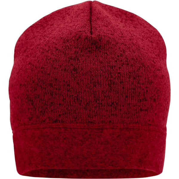 A red knitted fleece beanie with a snug fit and textured surface, featuring a logo on the side.