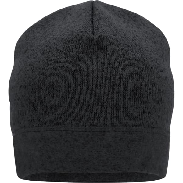 A black knitted fleece workwear beanie with a subtle texture and one visible logo.