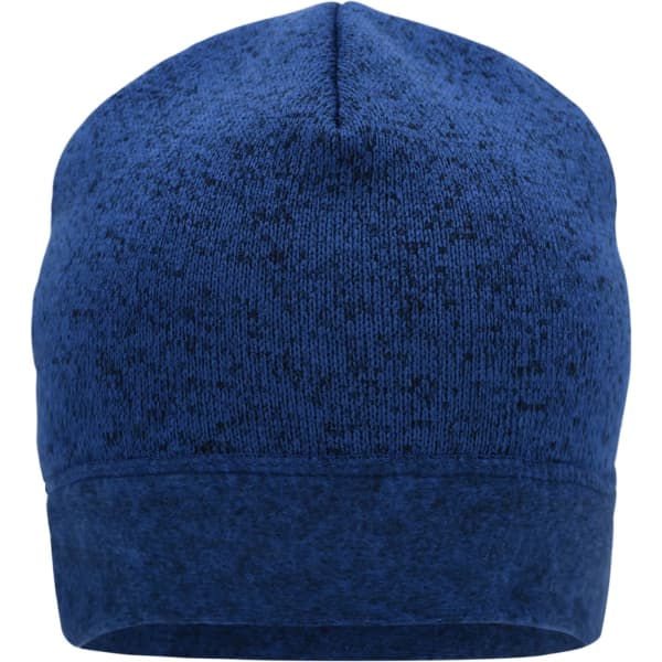 A knitted fleece beanie in dark blue with a textured design and a folded cuff. Features a logo.