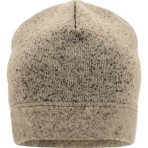 A knitted fleece workwear beanie in shades of grey with a snug fit and a logo on the front.