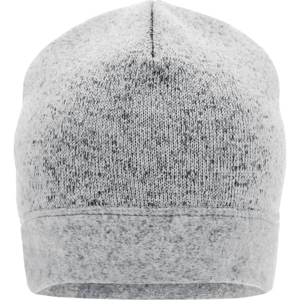 A knitted fleece workwear beanie in grey, featuring a seamless design and a branding logo.