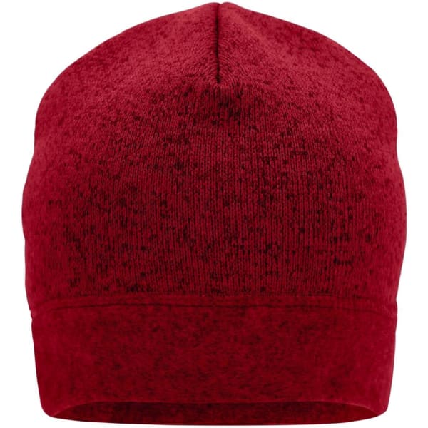 A red knitted fleece beanie with a textured design and a logo on the side.